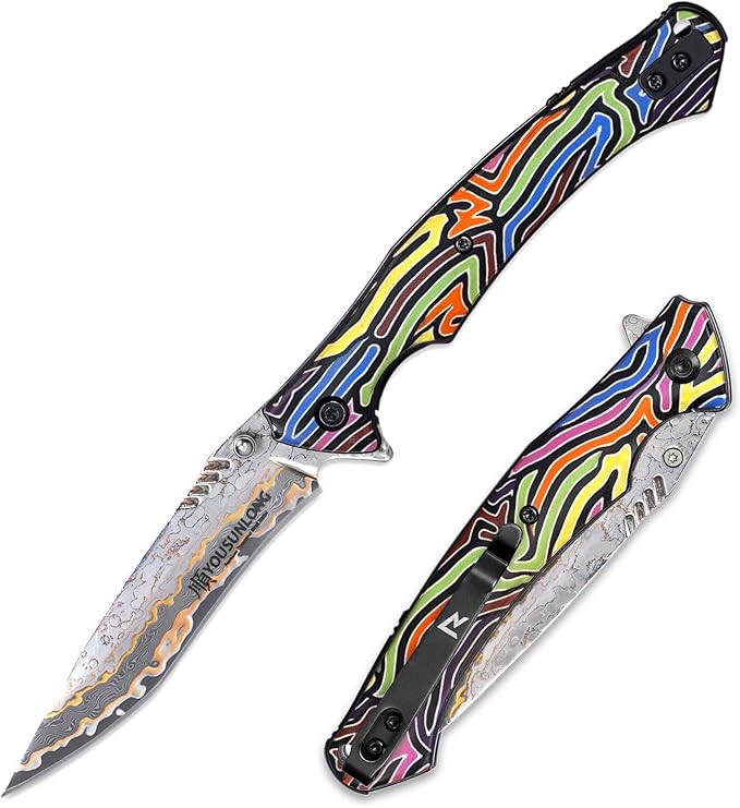 YOUSUNLONG Pocket Folding Camping Knife - CuMai Damascus Steel Blade - Multicolored G10 Handle Cover