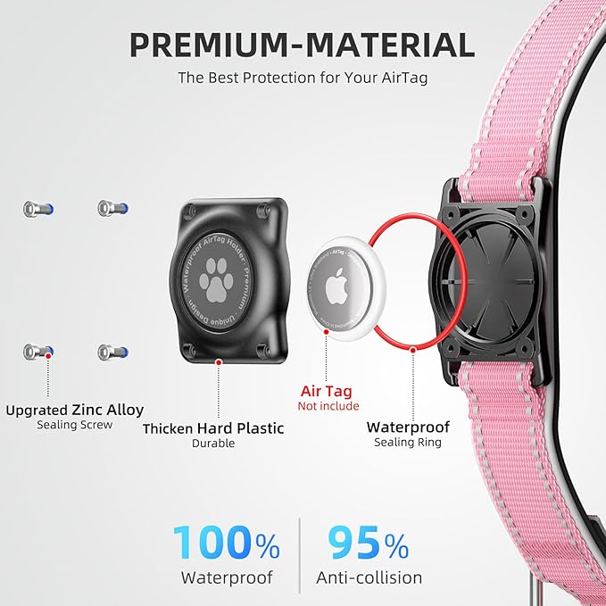 Airtag Dog Collar - 100% Waterproof AirTag Holder, Reflective, Soft Padded, Everlasting GPS Collar for Small to Large Dogs (Pink, L)