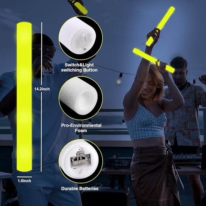 48Pack LED Glow Foam Sticks Bulk,Light Up Glow Sticks with 3 Flashing Modes,Yellow Glow Wands Party Pack,Glow In The Dark Party Supplies for Halloween,ThanksGiving Day,Christmas,Birthday