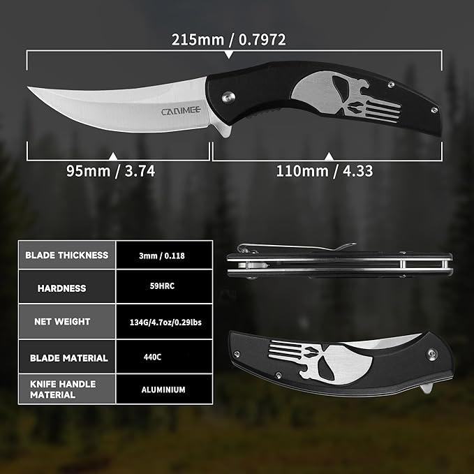 Tactical Folding Knife with upswept 440C High Carbon Stainless Steel Blade, Black Aluminum Handle, with Deep Carry Pocket Clip, Outdoor EDC Knife for Camping, Hiking, Fishing