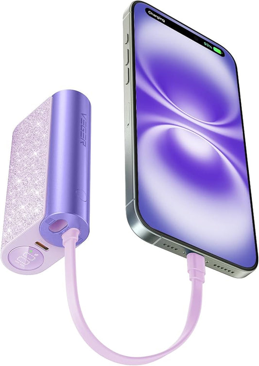 VEGER Compact Portable Charger with Built in Cable(Removable), 10000mAh Cute Power Bank 20W Fast Charging, Sparkling Battery Pack Fashion Travel Accessory Compatible with iPhone 15/14, Android-Purple