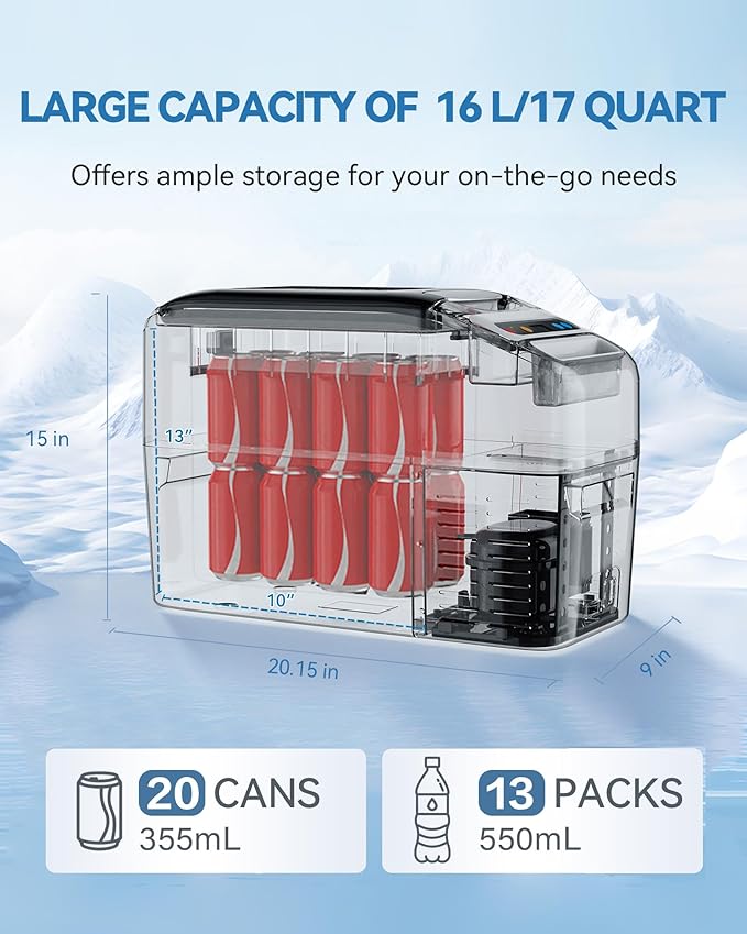 Portable Car Refrigerator, 12 Volt Refrigerator, Slim Design, 0℉~50℉, 17 Quart(16L) Electric Cooler, 12v Cooler for Vehicles, Truck, Camping, Travel, Home, RV
