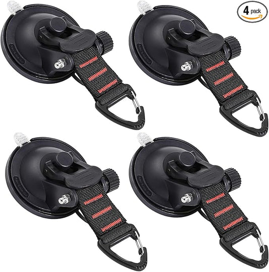 CONBOLA Suction Cup Hooks Heavy Duty 4 Pieces Car Camping Essentials Upgraded Tie Down Suction Cup Camper Accessories with Securing Hook Strong Power for RV Boat Window Glass Camping Trap.(4 pcs)