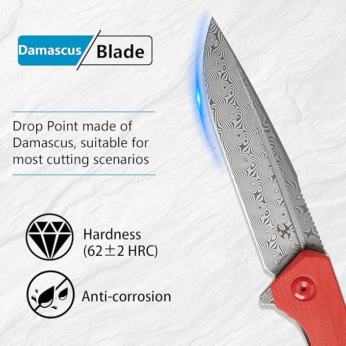KANSEPT Qilin Pocket Knife,3.24'' Damascus Sharp Blade, Red G10 Handle for Edc, Flipper and Liner Lock with Double-Sided Clip, Men Camping Survival Folding Knives K1047A1