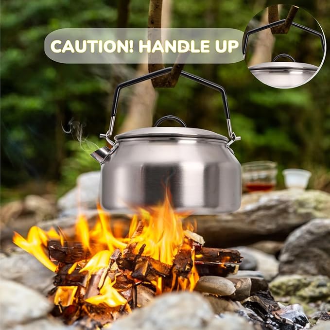 1L Camping Kettle, Portable Outdoor Campfire Kettle, 304 Stainless Steel Camp Tea Coffee Pot, Lightweight Fast Heating Open Fire Water Boiler for Hiking Backpacking Bushcraft Picnic Travel