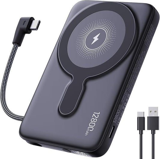 2025 Updated M3 Ultra Slim 0.4'' Wireless Power Bank, 12800mAh Magnetic Portable Charger with Built in Cable and Strap, LED Battery Pack Travel Essentials for iPhone 16/15/14/13/12/Pro/Pro Max Andriod