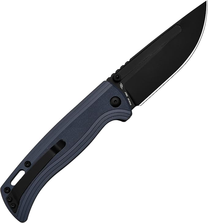 CJRB CUTLERY Pocket Knife Resource (J1932) Thumb Studs Folding Knife for Men Black PVD AR-RPM9 Steel Blade and Grey Blue G10 Handle for Hinking Camping Work Outdoor