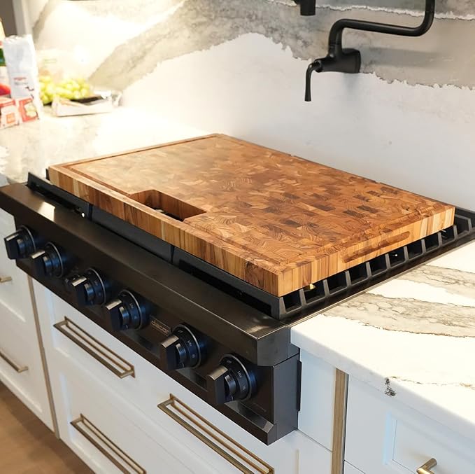 EcoDecors, Teak End Grain Cutting Board 29"x18", Solid FSC Teakwood Carving Board with Juice Groove, Handles & Waste Disposal, Butcher Block Cutting Board for Kitchen, BBQ, and Stove-Top Prep