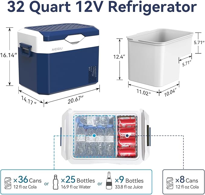 Car Refrigerator Portable 12V Fridge 32 Quart 12 Volt Freezer Compressor Cooler 12V/24V DC 110～240 V AC for Truck Van RV Camper SUV and Home Use