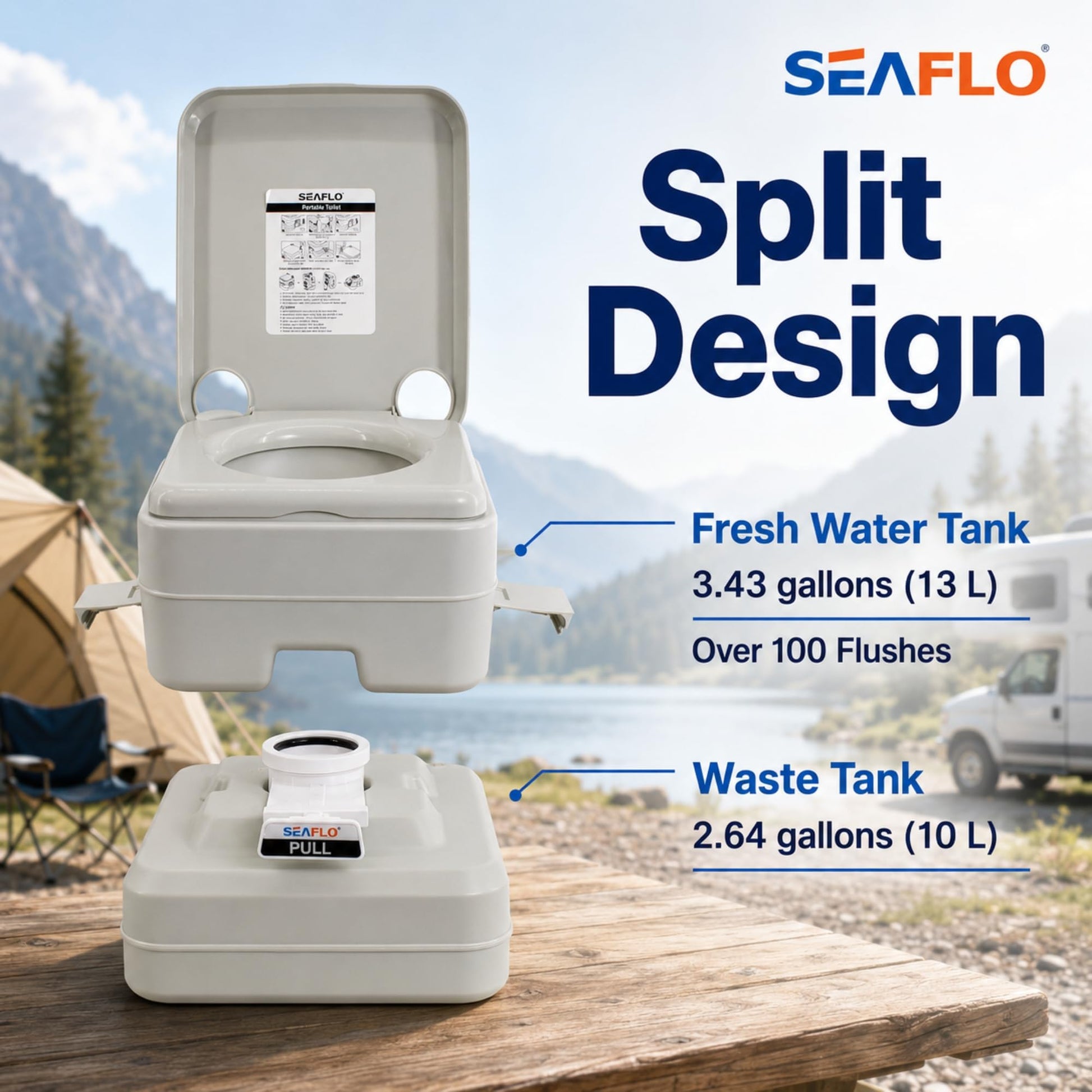SEAFLO Camping Portable Toilet - 2.6 Gallon Waste 3.43 Gall Fresh Tank (100 Flushes), 440 lbs Max