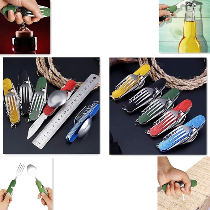 Cluck 6-in-1 Multi-Function Camping Flatware Utensil Folding Knife Cutlery Detachable Pocket Kits with Carrying Pouch (Gold + Blue)