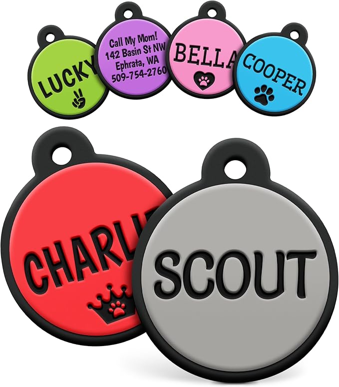 GoTags Silicone Dog Tags, Soundless Pet Tag, Personalized Silent Tag Engraved for Pets with Cute Custom Designs, for Dogs and Cats, (Round, Gray)