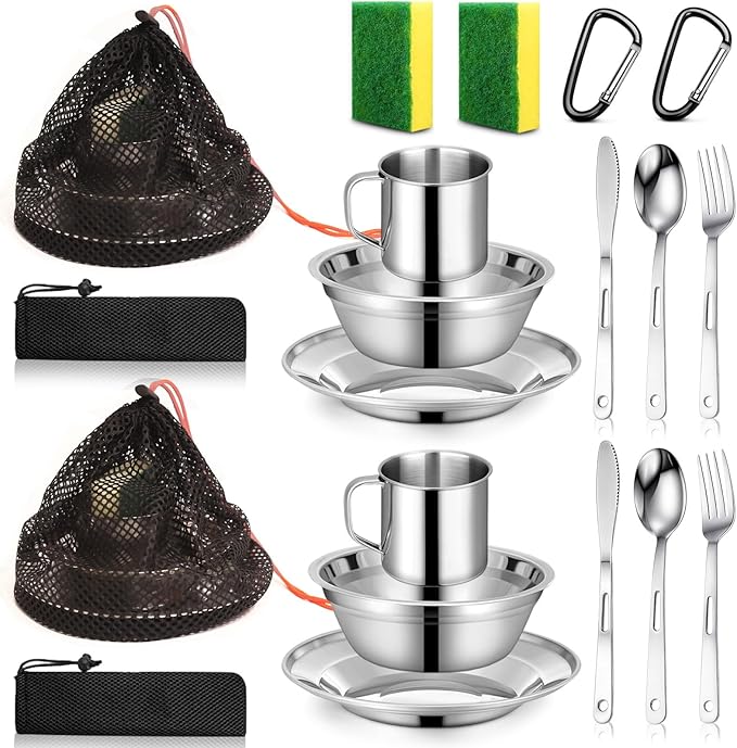Scout Camping Mess Kit for Person 18/8 Stainless Steel Utensils Camping Dinnerware Kit Boy Scout Dishes Set Girl Scout Mess Kit with Mesh Bag Camping Cutlery Set for Travel Trip School Camp