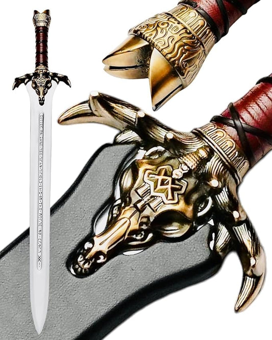 FORGE HIDE-Conan The Barbarian Sword – Real Full Tang Atlantean Swords | 1095 Carbon Steel, Bronze Fittings & Leather Sheath | Medieval Fantasy King Sword Prop | Gift for Him, Christmas, Viking Gifts