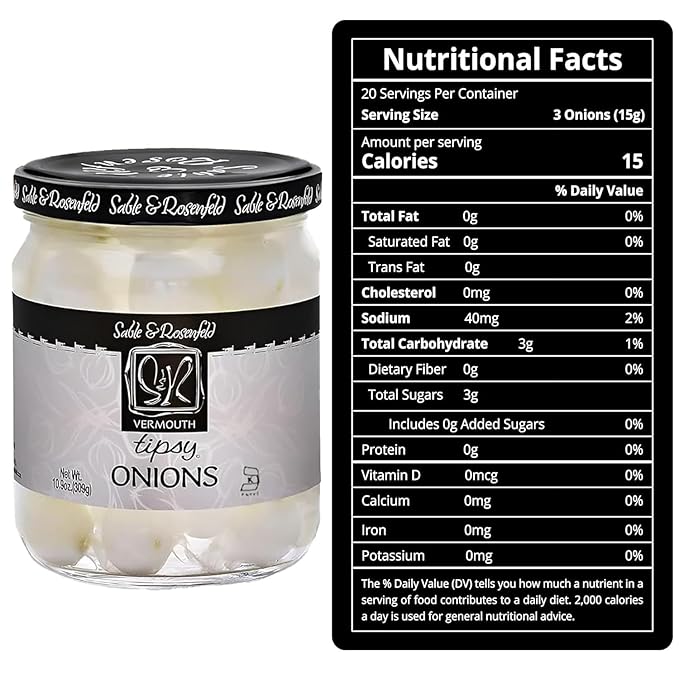 Sable & Rosenfeld Vermouth Tipsy Onions, 10.9 oz (Pack of 6), Gourmet Pickled Silverskin Cocktail Onions in Jar, Kosher, Gluten-Free Martini Garnish