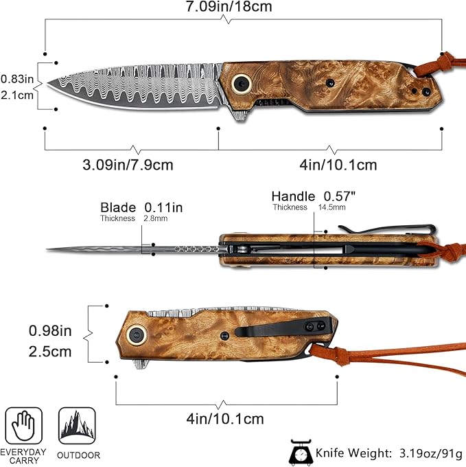 VNLA Damascus Folding Pocket Knife,Handmade knife,Forged Damascus Steel Blade,handle made of maple Wood leaf.with Reversible Pocket Clip,Suitable for Hiking carry EDC