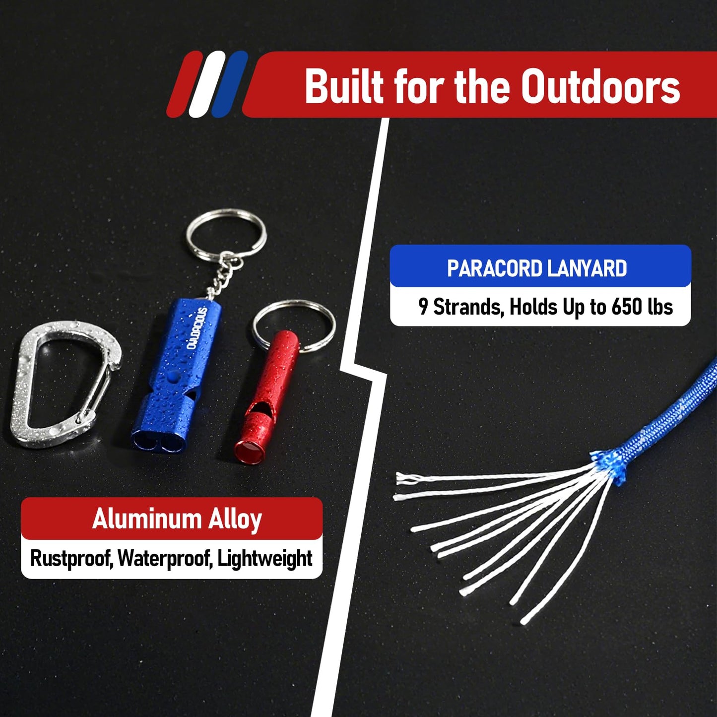 6 Pack Emergency Whistle Set, 120dB, 3 Paracord Lanyards & 3 Carabiners