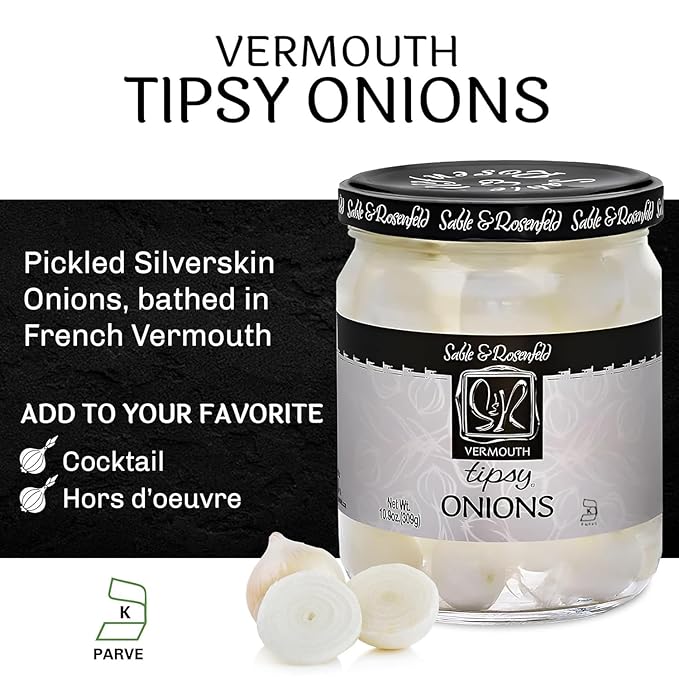 Sable & Rosenfeld Vermouth Tipsy Onions, 10.9 oz (Pack of 6), Gourmet Pickled Silverskin Cocktail Onions in Jar, Kosher, Gluten-Free Martini Garnish