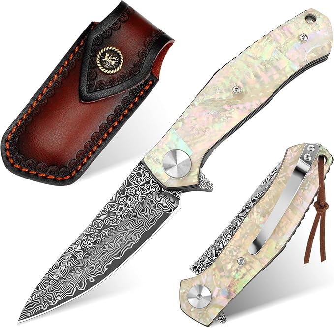 Benkey Damascus Pocket Knife, Extremely Sharp VG10 Core Damascus Steel Folding Knives with Clip and Leather Sheath, Unique Abalone Seashells Handle, Ball Bearing, Liner Lock, Knife for EDC Men Women