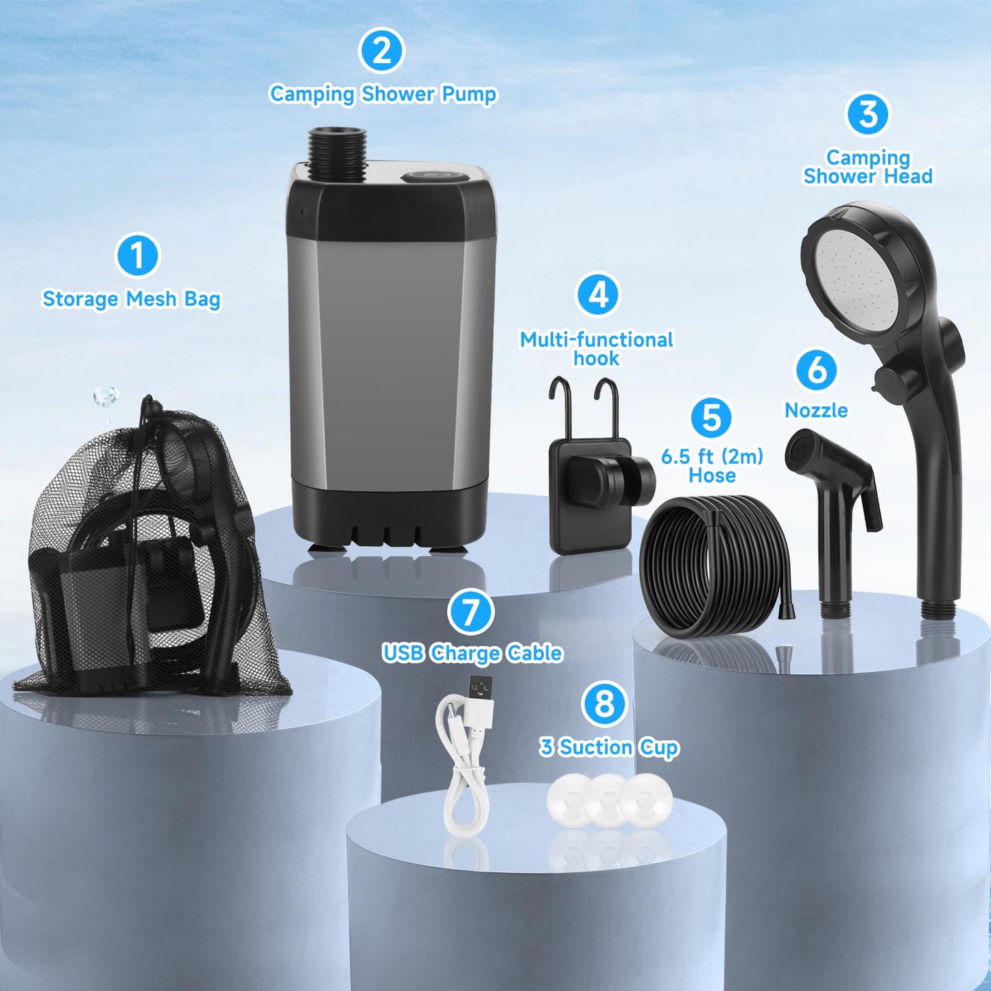 vignuto Portable Shower for Camping, Rechargeable Camping Shower kit with LED Display of Battery