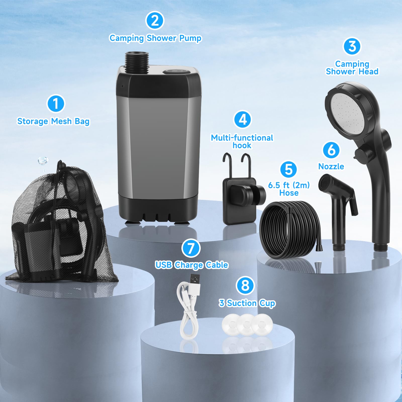 vignuto Portable Shower for Camping, Rechargeable Camping Shower kit with LED Display of Battery