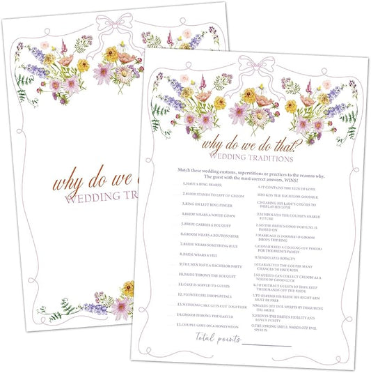 Why Do We Do That? Bridal Shower Games, Wildflower Pink Bow Games Card for Wedding Reception, Bridal Shower, Engagement, Bachelorette Party Activity Decorations (25 Pack) -A02