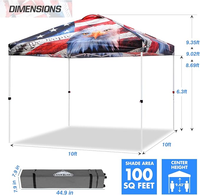 EAGLE PEAK Pop Up Canopy Tent with Wheeled Carry Bag, 8 Stakes, 4 Ropes, 4 Weight Bags, Easy Set Up Tent Canopy, 10x10 ft, 100sqft of Shade, American Icon