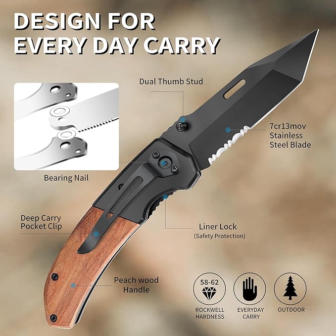 Vickay Pocket Knife, Folding Knife with Clip - 3.54??Black Serrated Steel Blade, Wood Handle EDC Knife for Men & Women, Outdoor Camping, Tactical, Hunting, Hiking, Survival - Father?™s Day Gift