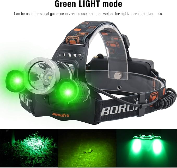 BORUIT RJ-3000 LED Rechargeable Headlamp with Green Light,Super Bright White Green Light Hunting Headlight,3 Mode Waterproof Tactical Head Lamp for Hunting Running Camping Hiking Fishing