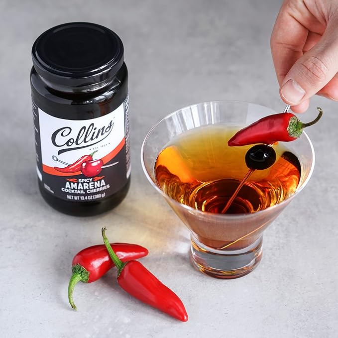 Collins Spicy Amarena Cherries in Syrup, Black Cherries for Old Fashioned or Manhattan, Cocktail Cherries, Garnish for Cocktails or Desserts,13.4oz
