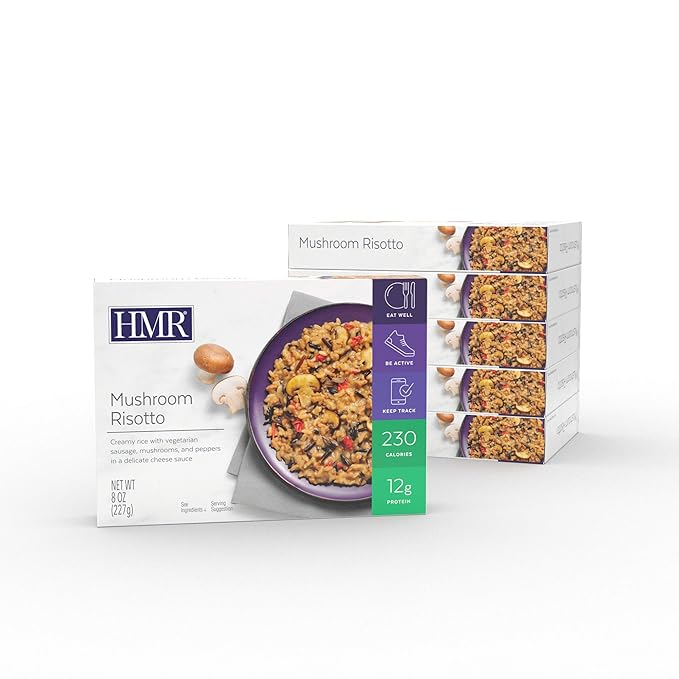 HMR Mushroom Risotto Entrée | Pre-packaged Lunch or Dinner to Support Weight Loss | Ready to Eat | Vegetarian | 12g of Protein | Low Calorie Food | 8oz Serving per Meal | Pack of 6