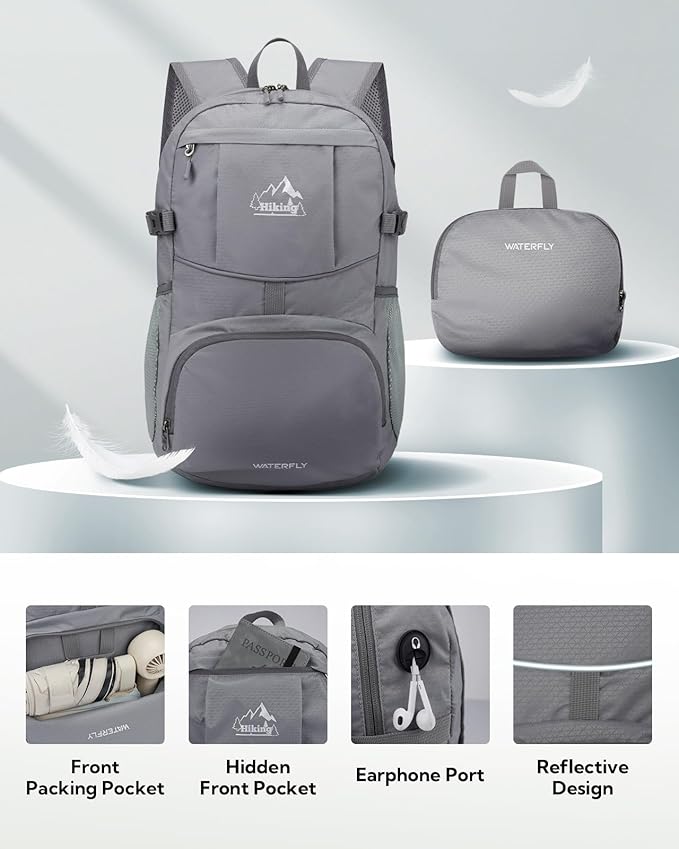 WATERFLY Hiking Foldable Daypack Backpack: 25L Ultra Lightweight Waterproof Day Pack for Woman Man - Small Compact Packable Folding Back Pack for Outdoor Sport Cycling Biking Travel Trip - Gray