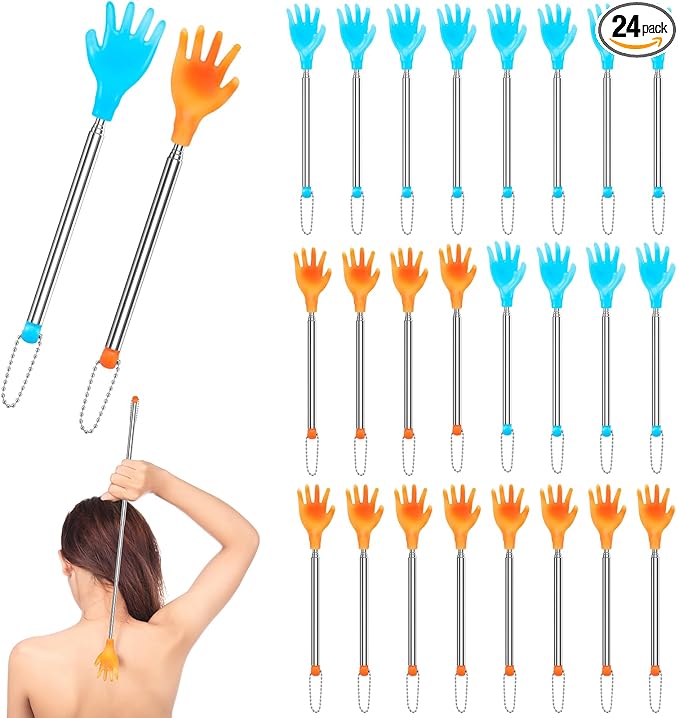 Tioncy 24 Pcs Extendable Back Scratcher Bulk Hand Shaped Retractable Scratcher Telescoping Massage Tool for Men Women Gifts Reducing Back Itching, Yellow and Blue