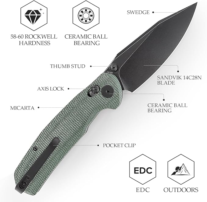 Folding Knives, 3.34??14C28N EDC Knife for Men, Pocket Knife with Clip,Thumb Stud,Micarta Handle.Outdoor Camping Tool，Hornet-04G