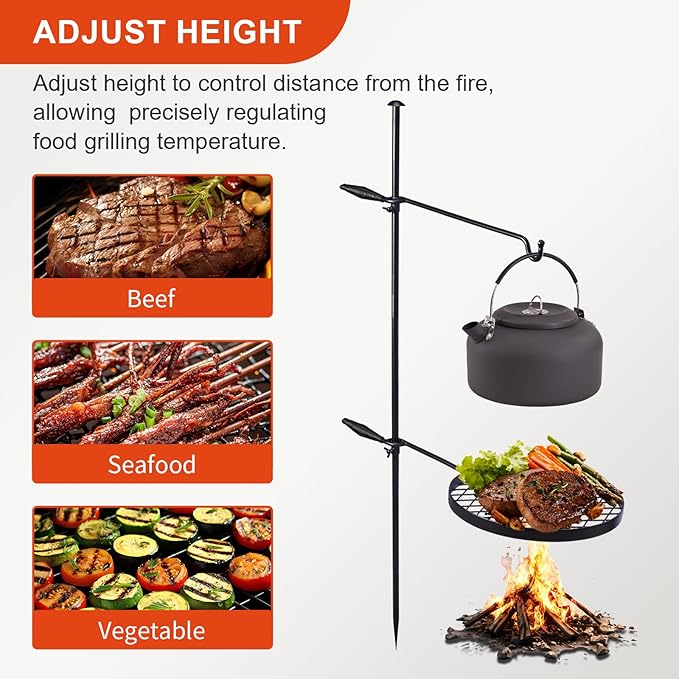 Outvita Swivel Campfire Grill, Open Fire Cooking Equipment for Camping with Height Adjustable Grill Grate and Hanger Rod and Carry Bag