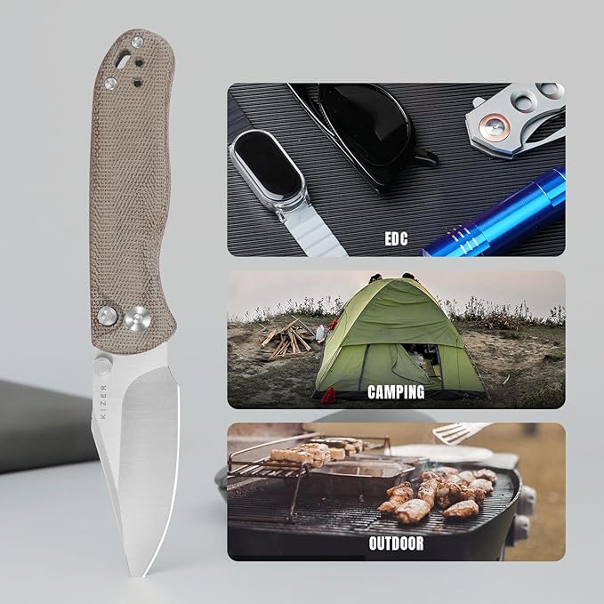 Kizer Drop Bear 2 Pocket Knife, 2.96" Nitro-V Clip Point Blade Folding Knife with Brown Micarta Handle, Button Liner Lock EDC Knives with Jimping on Spine for Men Women V3619.2CC1