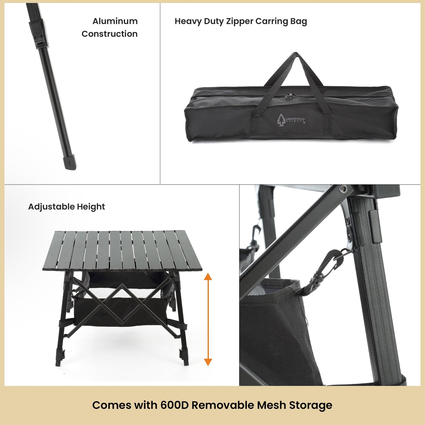 ARROWHEAD OUTDOOR 39 in Aluminum Folding Camp Roll Up Table, Camping