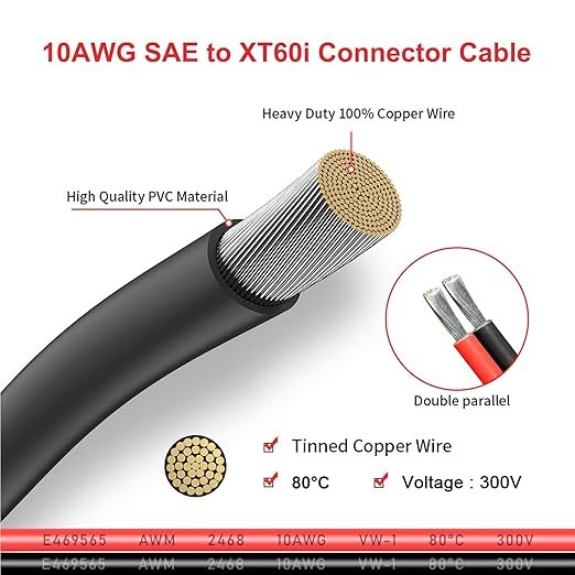 10AWG XT60i to SAE Adapter Extension Cable with SAE Polarity Reverse Adapter for Portable Power Station Solar Panel Solar Generator(2FT)