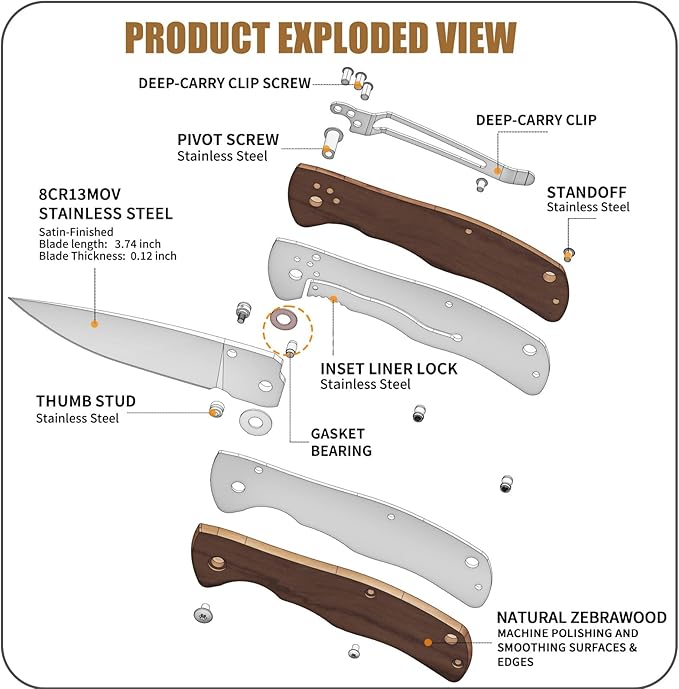 Vickay Pocket Knife for Men, Folding Knife with Clip, 3.74" 8Cr13MoV Steel Blade, Wood Handle EDC Knife for Outdoor Camping,Tactical, Hunting and Fishing Gift (Zebrawood)
