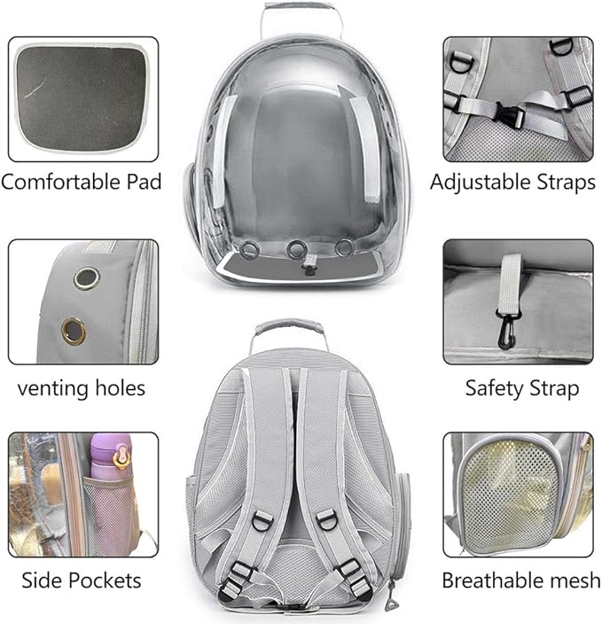 Pet Backpack Carrier with Harness Backpack for Cats, Small Dogs, Bunnies etc with Harness Included, Pet Carrier for Traveling, Walking, Hiking and Outdoor Activities (Grey)