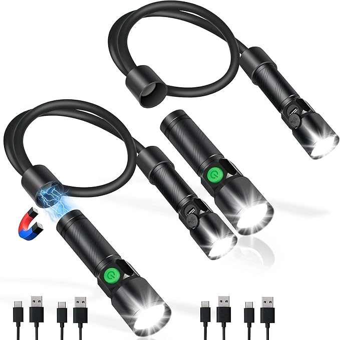 LED Neck Light, 2Pack 1800Lumens Rechargeable Neck Flashlight with Magnetic Base, Detachable Neck Work Light with Zoomable Flashlight, Flexible Around Mechanic Neck Lamp for Car Repairing Reading