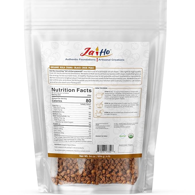 Jai Ho Certified Organic Kabuli Chana Garbanzo Beans 4 lb | Chickpeas Lentils | Indian Kabuli Chole Chana | USDA Organic | Non-GMO | Chemical-Free | Premium Quality Kosher (4 Pound, Kala Chana)