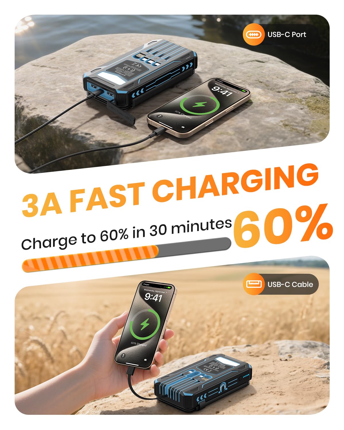 SOARAISE Solar Power Bank 48000mAh Wireless Battery Pack with 4 Cables