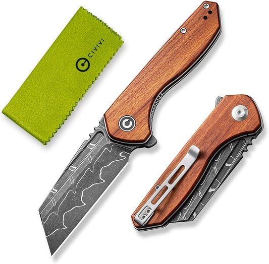 CIVIVI Pocket Knife for Men, ExOne Folding Knife with Flipper, 2.94" Damascus Blade Wood Handle for Perfect EDC Gift C23036-DS1