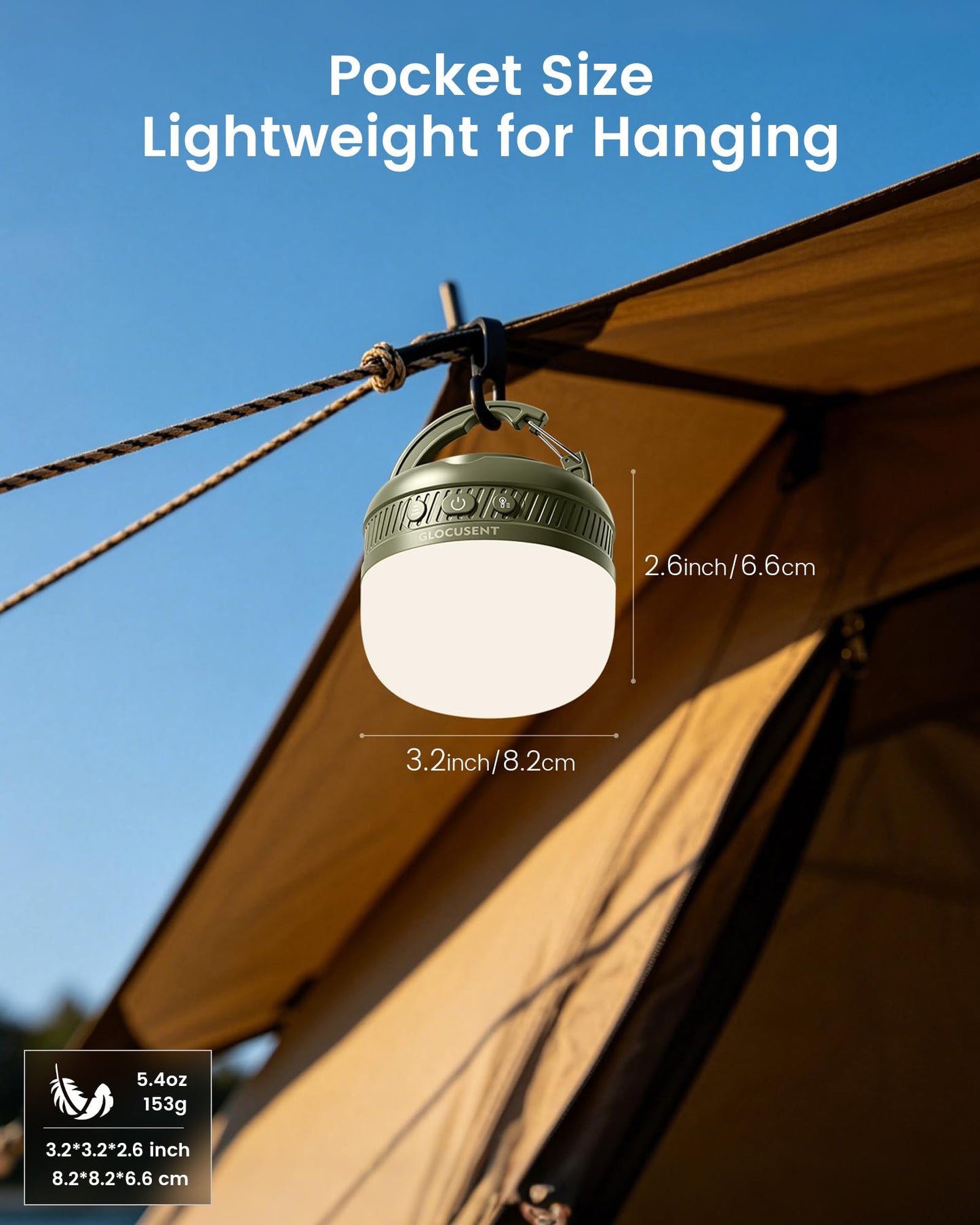 Glocusent 400H Camping Lantern, 5000mAh Rechargeable Lantern, Solar Pocket