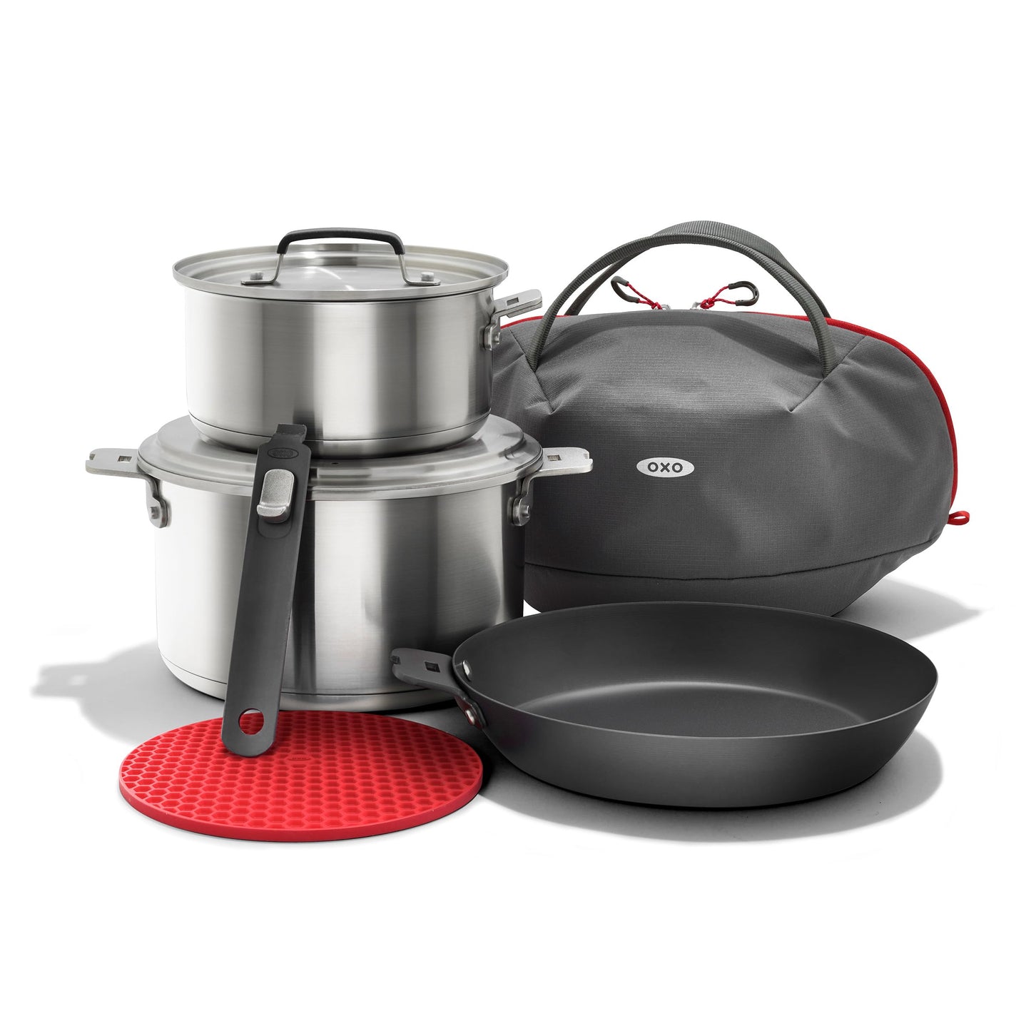 OXO Outdoor 8 Piece Camping Cookware Set, 10" Pre-Seasoned Carbon Steel Frying Pan Skillet, 2.25QT