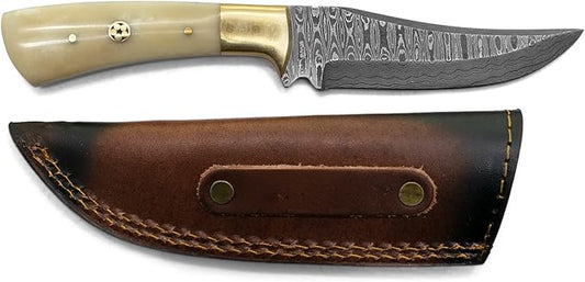 Titan International Knives 8" Perfect Hunting & Skinning Damascus Steel Fixed Blade Knife | Handmade 1095 4340 Carbon Mix Hand Pounded | Camel Bone Grip ideal for Outdoor Camping includes Sheath