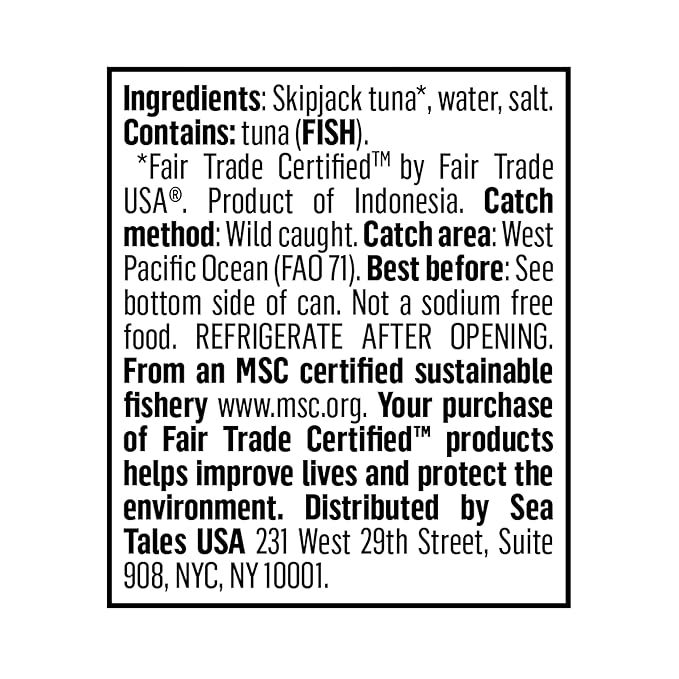 Sea Tales Solid Light Skipjack Canned Tuna in Water - 100% Pole & Line Wild Sustainably Caught - Fair Trade Certified - High Protein Food - Keto Friendly - 5 oz. Cans (Pack of 12)
