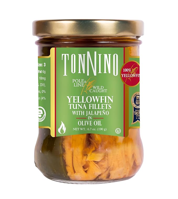 Tonnino Tuna Fish Yellowfin Pole&Line - Jalapeno in Olive Oil ??Pack of 6 ??Alternative to Salmon ??Protein Snacks ??Ready to Eat Meals in Can