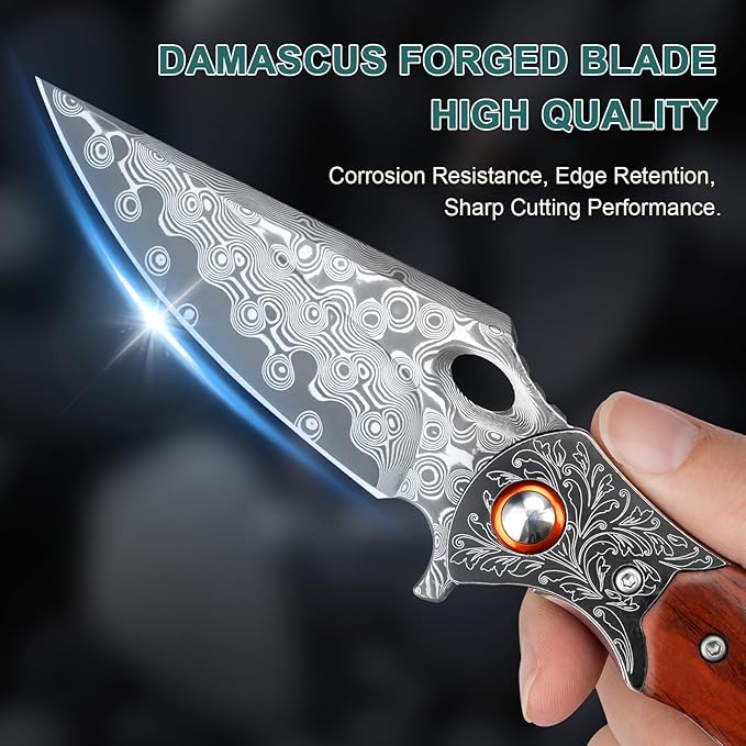 Damascus Pocket Knife, 3.27??Damascus Blade EDC Folding Knives with Guibourtia Wooden Handle, Christmas Ideal for Utility Gift